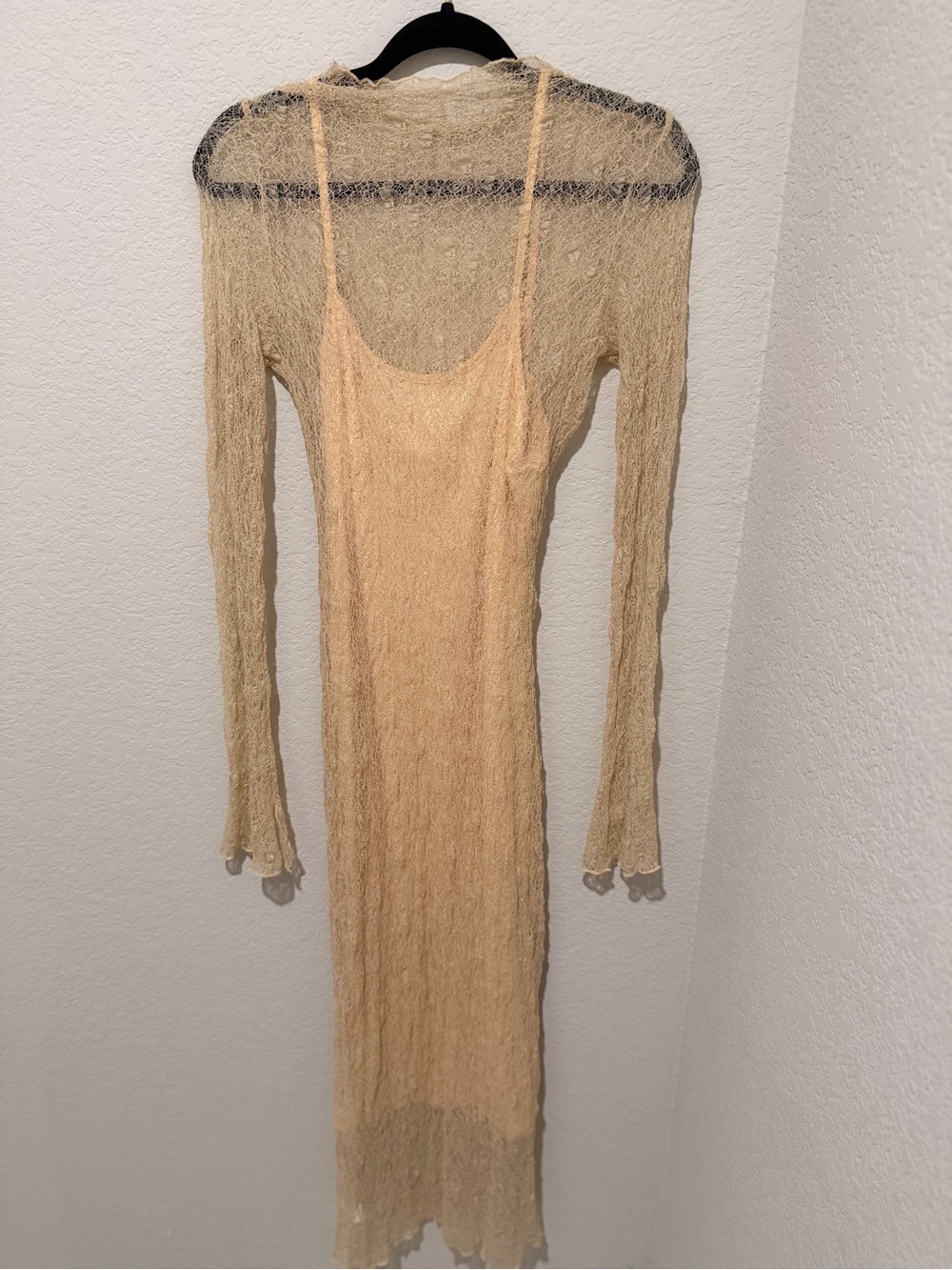 Sheer Beige Knit Slip Dress with Long Sleeves